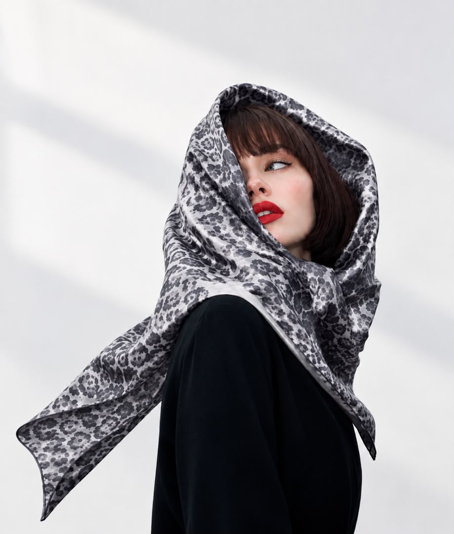 A folded silk scarf in warm, muted tones